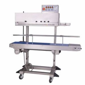 2300V heat sealing machine on a mobile stainless steel cart, featuring control panel and conveyor belt.