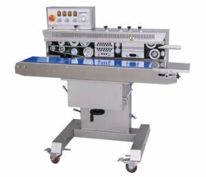 2300H industrial packaging machine with conveyor belt, control panel, and wheels on a white background.
