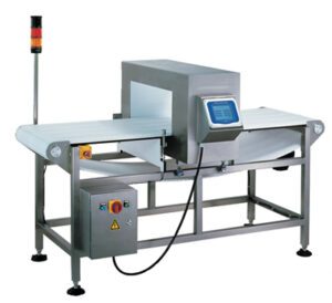 Industrial conveyor belt with an integrated MD-2 metal detection system and digital control panel.