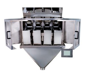 Industrial multi-head weigher with multiple metal containers and a digital control panel, used for precise LS-4 batching.