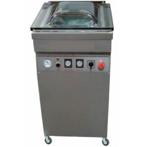 A commercial E17 vacuum packaging machine with transparent lid and control panel, mounted on wheels.