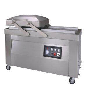 D24 Industrial vacuum packaging machine on wheels, featuring a control panel and a raised lid.