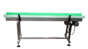 CS-1 conveyor belt with a green surface on a metal frame, equipped with a motor, isolated on a white background.