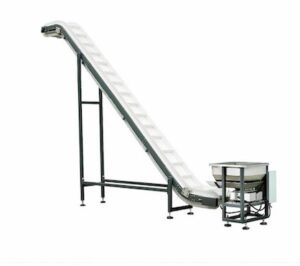 A metal IC1 conveyor with a white belt and grey framework, isolated against a white background.