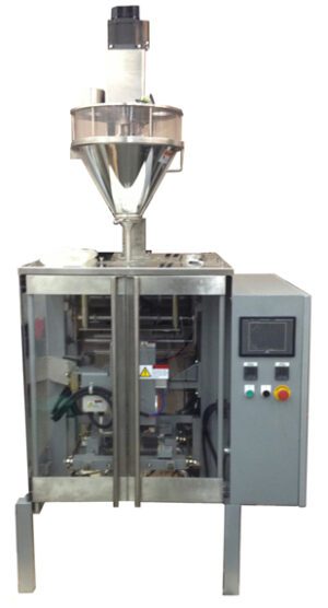 APP-712 industrial packaging machine with a stainless steel hopper on top, enclosed mechanical parts below, and a control panel on the right side.